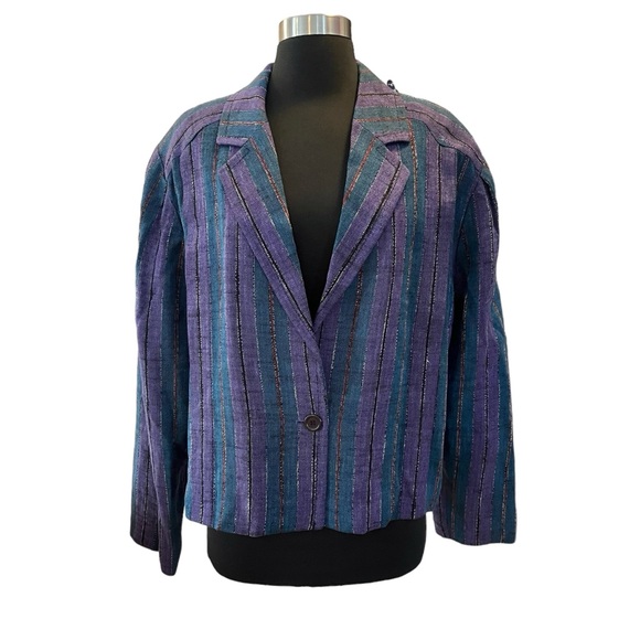 Vintage Givenchy Plus jacket single breasted blazer striped purple teal metallic - Picture 2 of 12